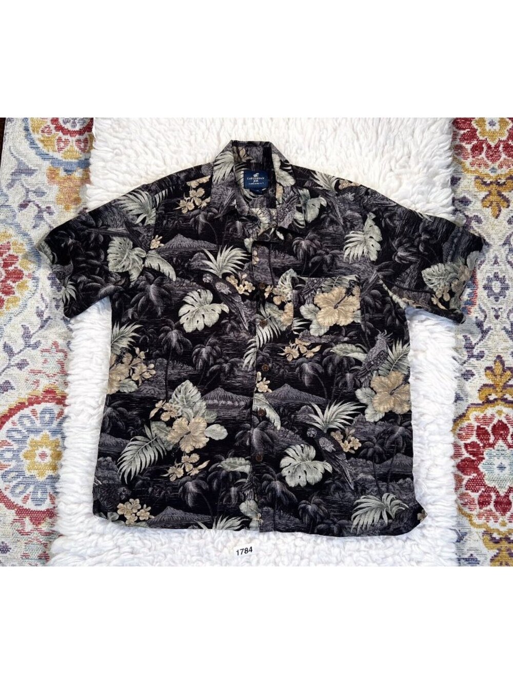 Caribbean Joe Mens Hawaiian Shirt XL Short Sleeve Black 100% Silk Casual